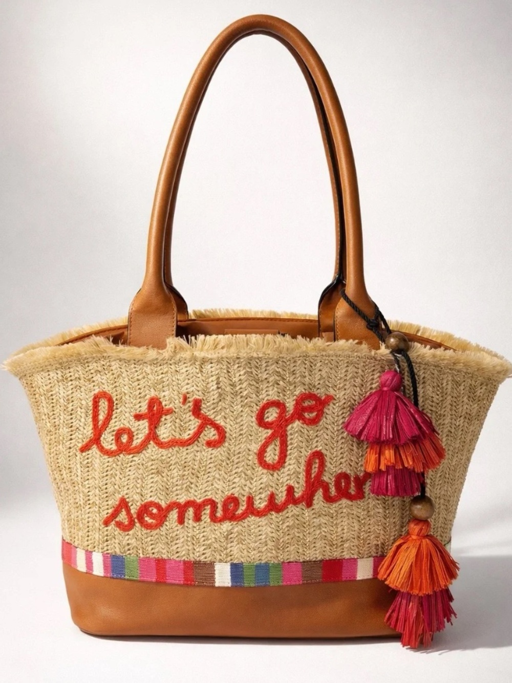 Libby Edelman Straw Shoulder Tote w/ Leather Handles & Pink/Orange Tassels